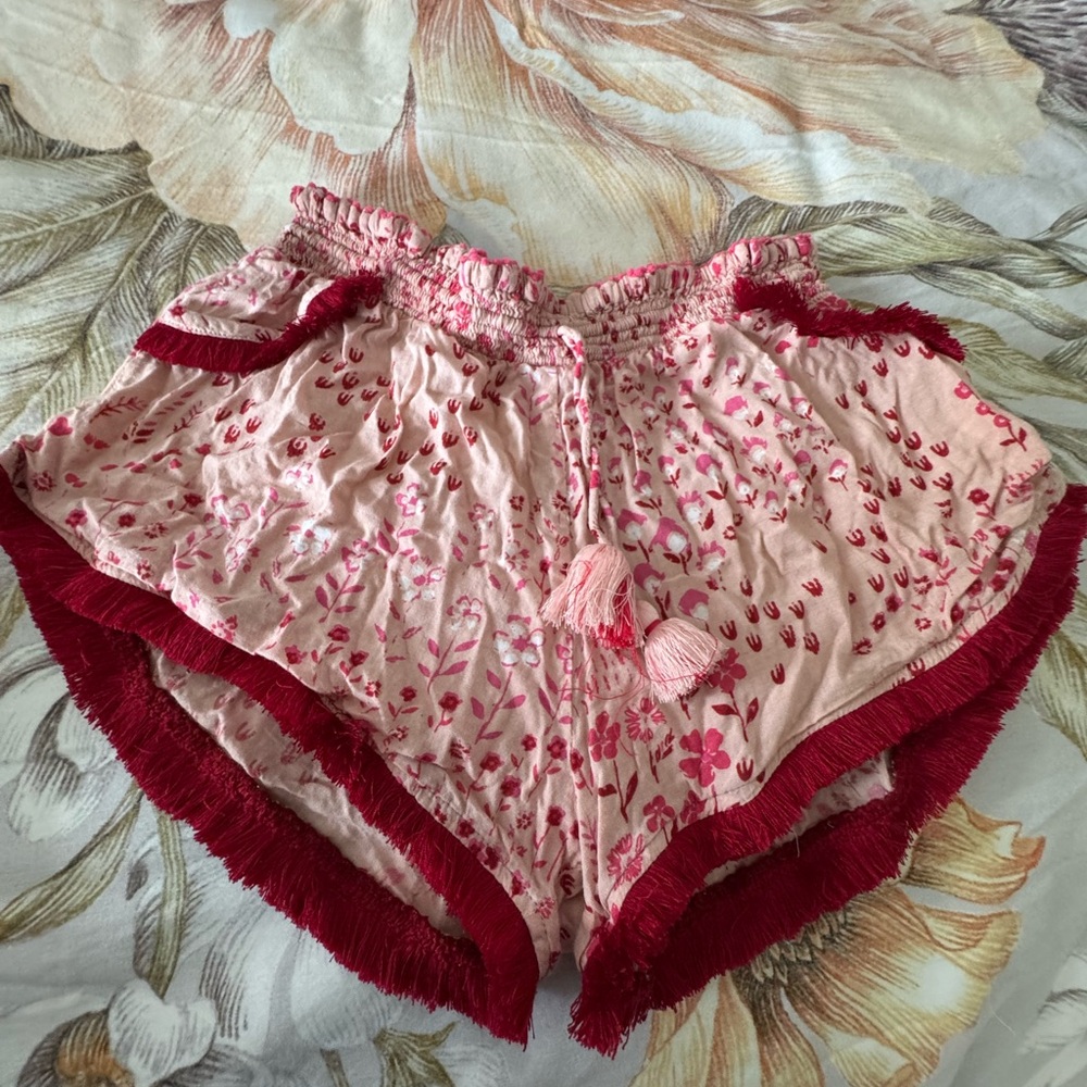 Poupette St. Barth Pink Floral Kids Shorts with Red Fringe